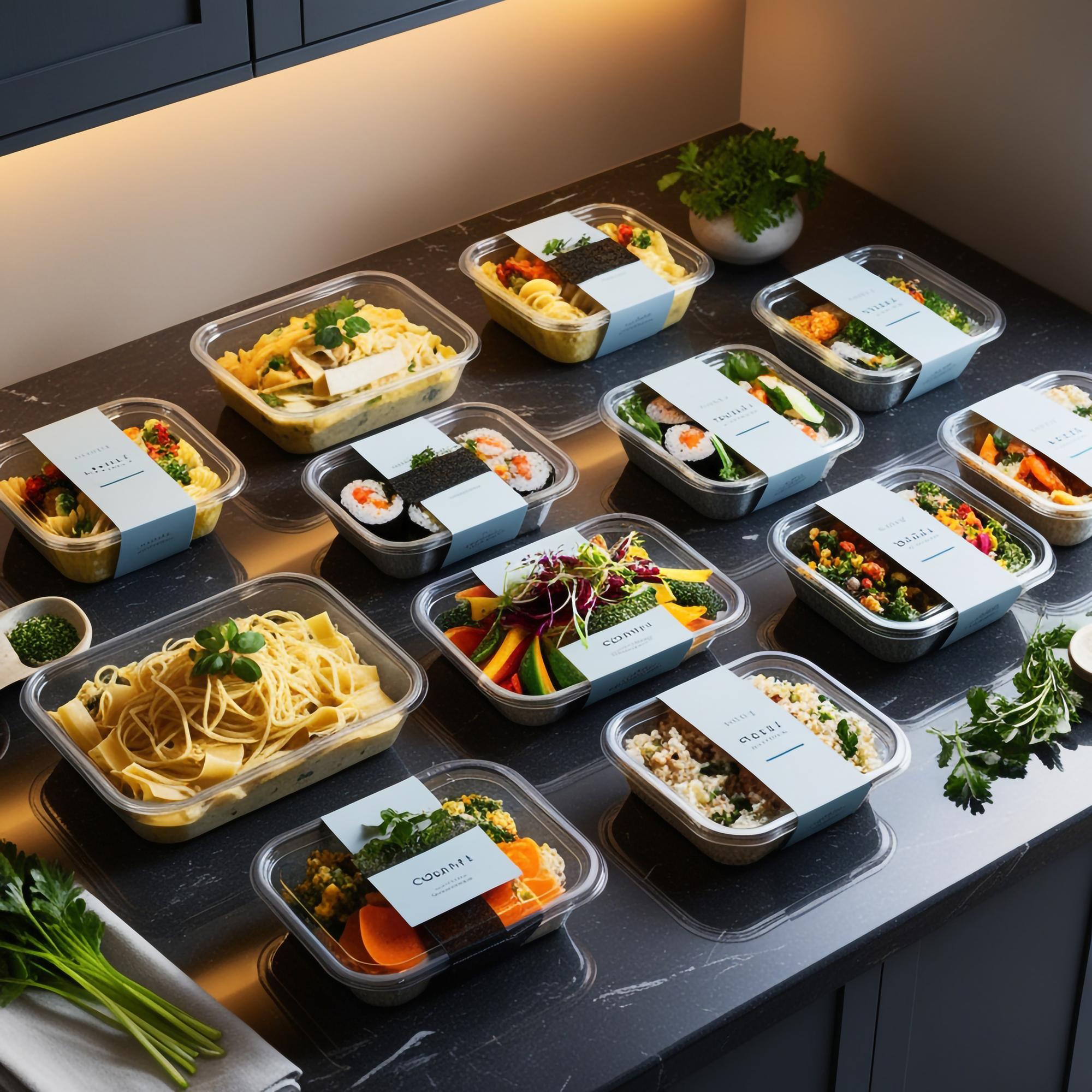 Selection of prepared meal boxes on counter